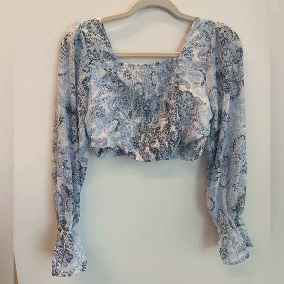 Altar'd State Light Blue Paisley Cropped Chiffon Smocked Long Sleeve Blouse - Picture 6 of 6